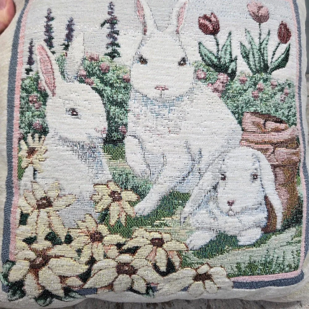 Vintage Woven Tapestry Bunny Rabbit Garden Throw Pillow Easter Cottagecore Decor